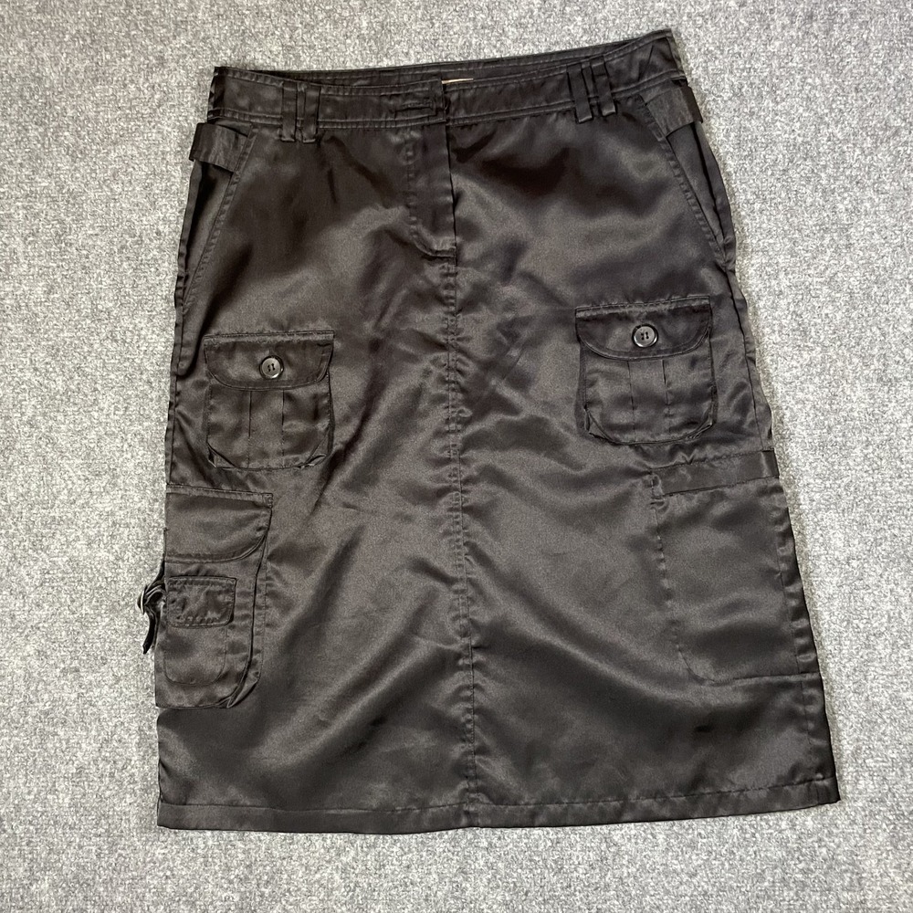 Doki-Geki Cargo Skirt Size Large Black Satin Midi Utility Pockets Zip Up Pencil